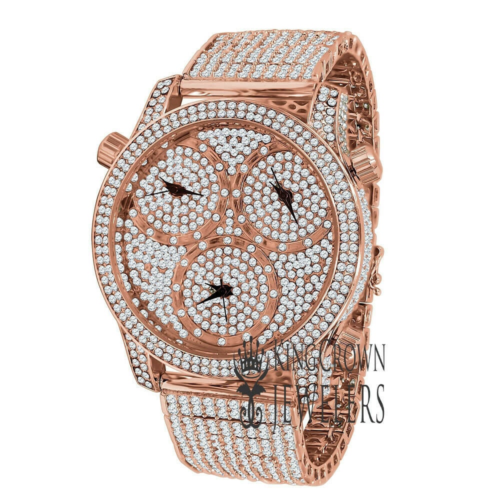 Mens Rose Gold Copper Tone Iced Out Watch Simulated Diamonds 3 Time Zone Dial 10 Row Custom Band