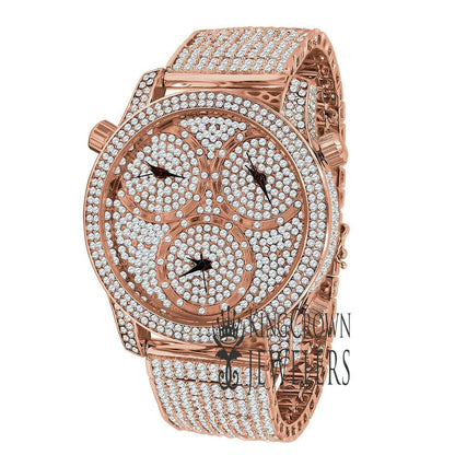 Mens Rose Gold Copper Tone Iced Out Watch Simulated Diamonds 3 Time Zone Dial 10 Row Custom Band