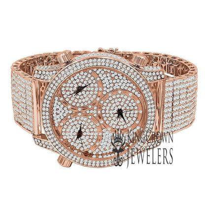 Mens Rose Gold Copper Tone Iced Out Watch Simulated Diamonds 3 Time Zone Dial 10 Row Custom Band