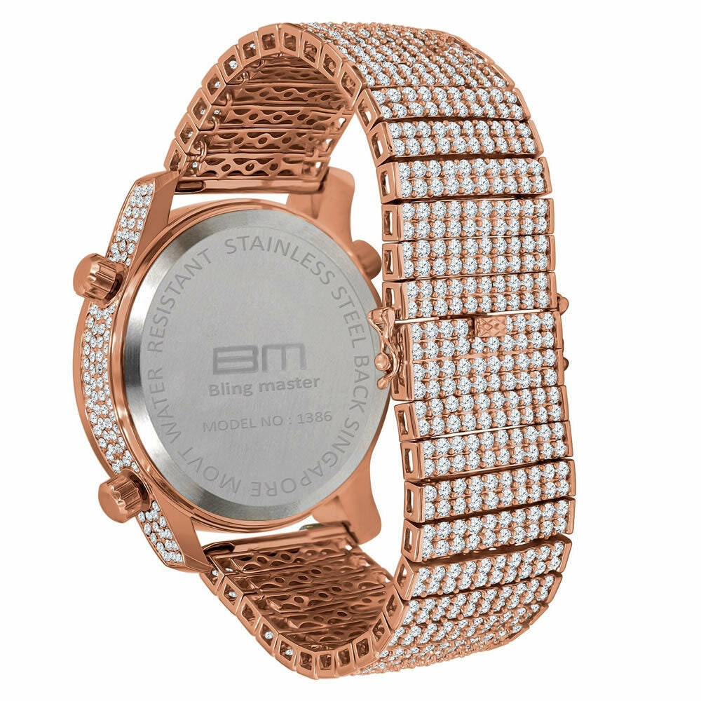 Mens Rose Gold Copper Tone Iced Out Watch Simulated Diamonds 3 Time Zone Dial 10 Row Custom Band