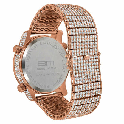 Mens Rose Gold Copper Tone Iced Out Watch Simulated Diamonds 3 Time Zone Dial 10 Row Custom Band