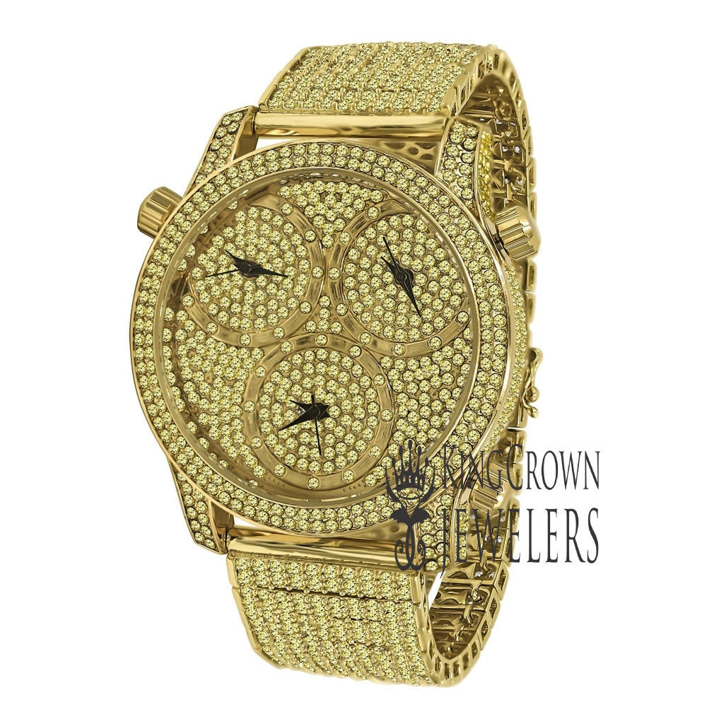 Canary Gold Iced Out Mens Watch Simulated Diamonds 3 Time Zone Dial 10 Row Custom Band