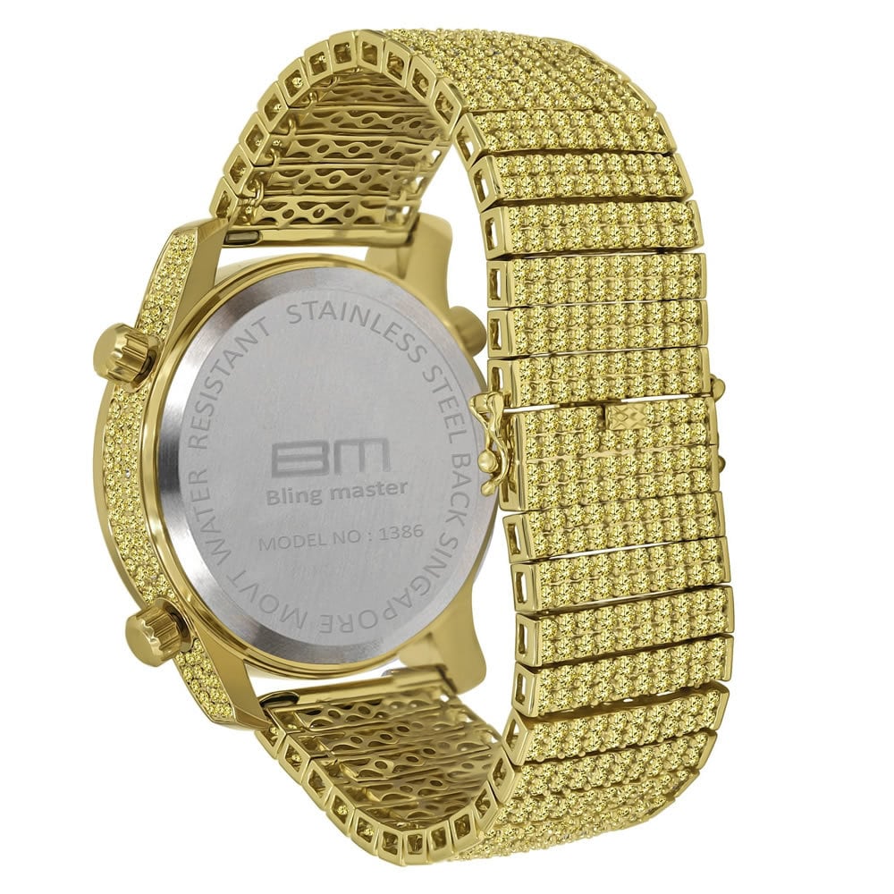 Canary Gold Iced Out Mens Watch Simulated Diamonds 3 Time Zone Dial 10 Row Custom Band