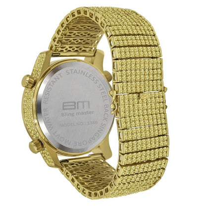 Canary Gold Iced Out Mens Watch Simulated Diamonds 3 Time Zone Dial 10 Row Custom Band