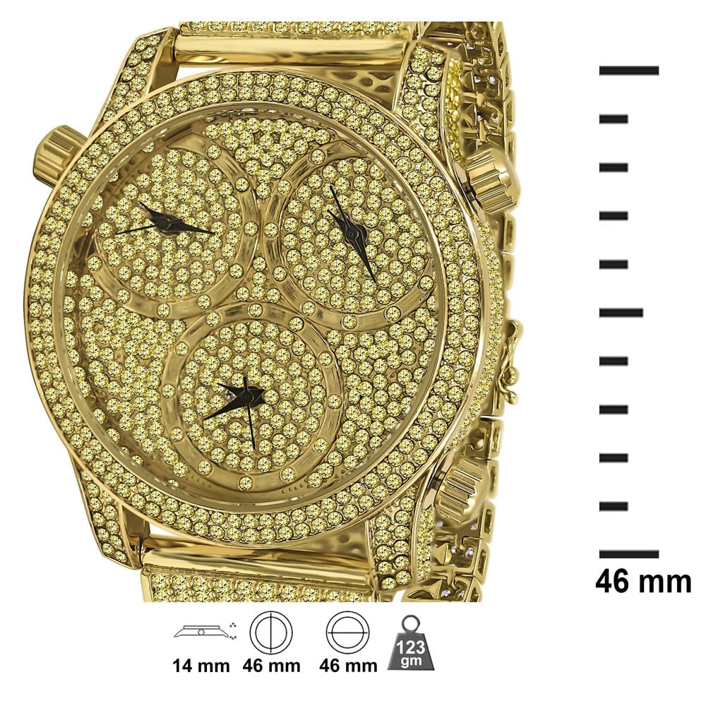Canary Gold Iced Out Mens Watch Simulated Diamonds 3 Time Zone Dial 10 Row Custom Band