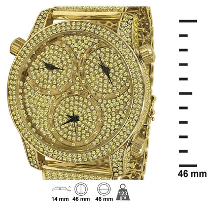 Canary Gold Iced Out Mens Watch Simulated Diamonds 3 Time Zone Dial 10 Row Custom Band