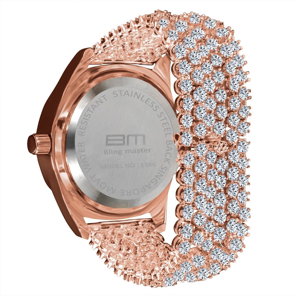 Rose Gold Copper Tone Fully Iced Out Dial Custom Band Mens Bling Watch Simulated Diamond Joe Rodeo Jojo Jojino  Luxury Watch