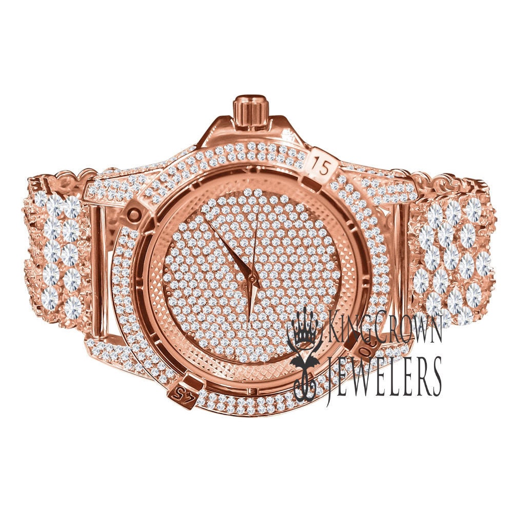 Rose Gold Copper Tone Fully Iced Out Dial Custom Band Mens Bling Watch Simulated Diamond Joe Rodeo Jojo Jojino  Luxury Watch