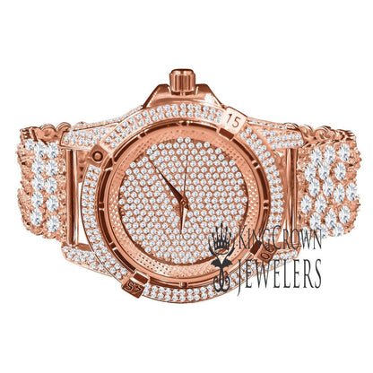 Rose Gold Copper Tone Fully Iced Out Dial Custom Band Mens Bling Watch Simulated Diamond Joe Rodeo Jojo Jojino  Luxury Watch