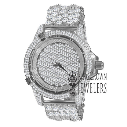 White Gold Tone  Fully Iced Out Dial Custom Band Mens Bling Watch Simulated Diamond Joe Rodeo Jojo Jojino Luxury Watch