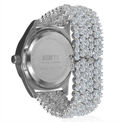 White Gold Tone  Fully Iced Out Dial Custom Band Mens Bling Watch Simulated Diamond Joe Rodeo Jojo Jojino Luxury Watch