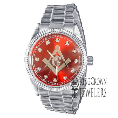 Ruby Red Dial Mens White Gold Finish Freemason Masonic G Compass Lab Diamond Metal Band Watch Water Resistant 40mm