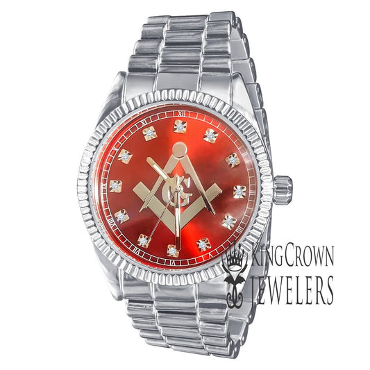 Ruby Red Dial Mens White Gold Finish Freemason Masonic G Compass Lab Diamond Metal Band Watch Water Resistant 40mm