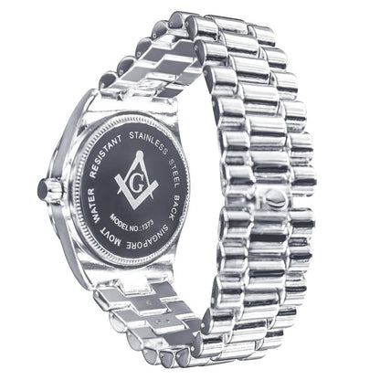 Ruby Red Dial Mens White Gold Finish Freemason Masonic G Compass Lab Diamond Metal Band Watch Water Resistant 40mm