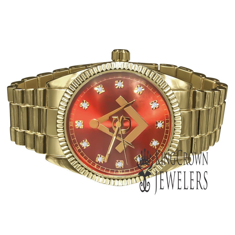 Yellow Gold Finish Ruby Red Dial Mens Freemason Masonic G Compass Lab Diamond Metal Band Watch Water Resistant 40mm