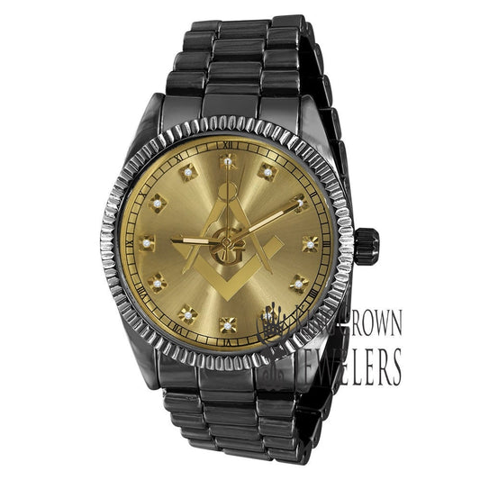 2 Tone Gold Dial Mens Black Gold Finish Freemason Masonic G Compass Lab Diamond Metal Band Watch Water Resistant 40mm