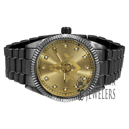 2 Tone Gold Dial Mens Black Gold Finish Freemason Masonic G Compass Lab Diamond Metal Band Watch Water Resistant 40mm
