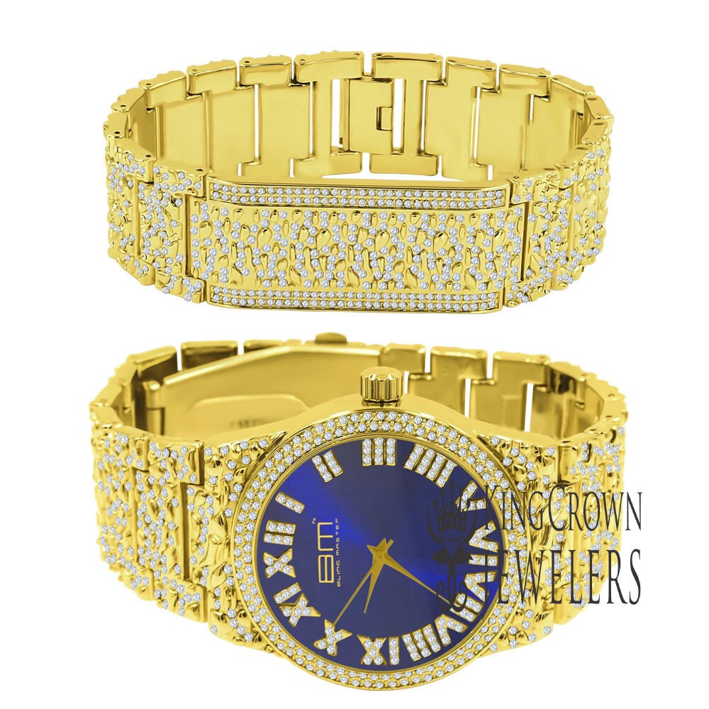 Blue Sapphire Dial Mens Custom Nugget Watch Bracelet Set Simulated Diamond Analog 43mm