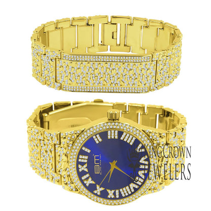 Blue Sapphire Dial Mens Custom Nugget Watch Bracelet Set Simulated Diamond Analog 43mm
