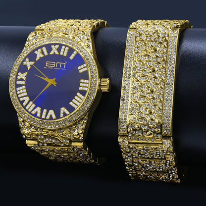 Blue Sapphire Dial Mens Custom Nugget Watch Bracelet Set Simulated Diamond Analog 43mm