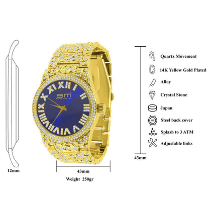 Blue Sapphire Dial Mens Custom Nugget Watch Bracelet Set Simulated Diamond Analog 43mm