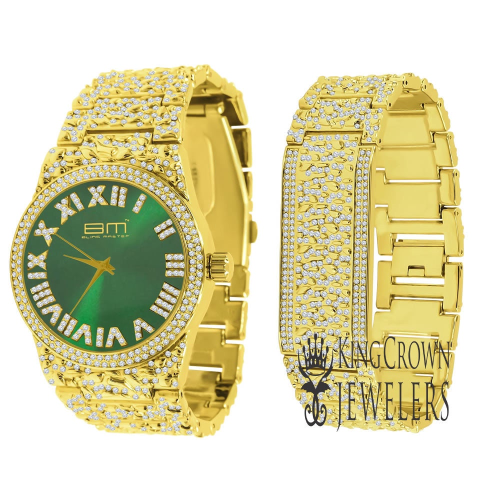 Emerald Green Dial Men Custom Nugget Watch Bracelet Set Simulated Diamond Analog 43mm