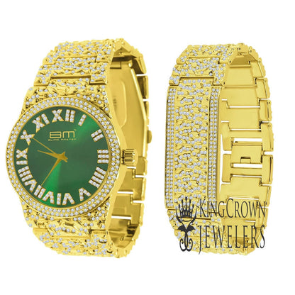 Emerald Green Dial Men Custom Nugget Watch Bracelet Set Simulated Diamond Analog 43mm