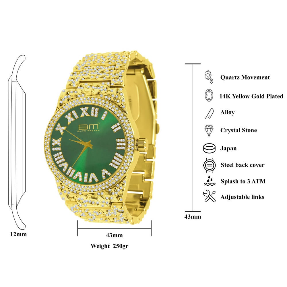 Emerald Green Dial Men Custom Nugget Watch Bracelet Set Simulated Diamond Analog 43mm