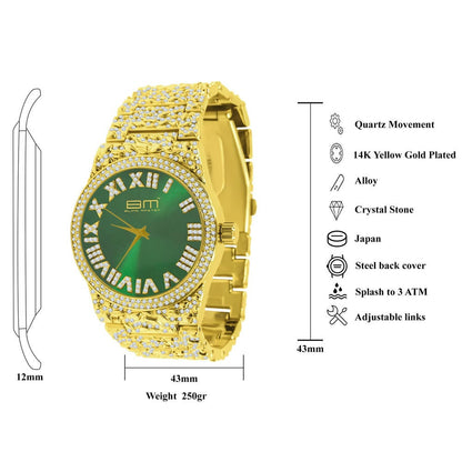 Emerald Green Dial Men Custom Nugget Watch Bracelet Set Simulated Diamond Analog 43mm