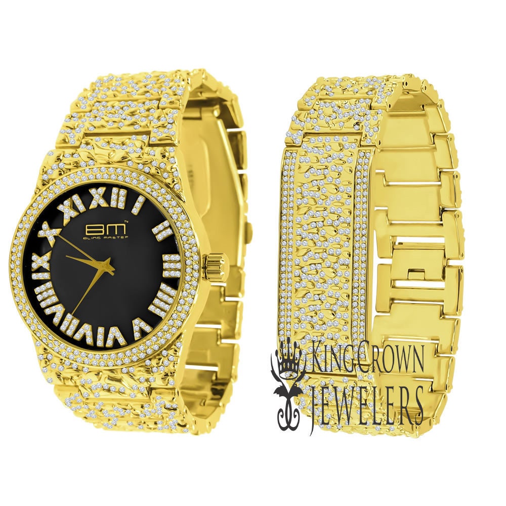 Black Onyx Dial Men Custom Nugget Watch Bracelet Set Simulated Diamond Analog 43mm