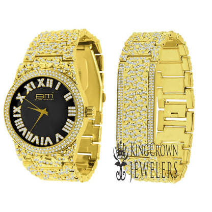Black Onyx Dial Men Custom Nugget Watch Bracelet Set Simulated Diamond Analog 43mm