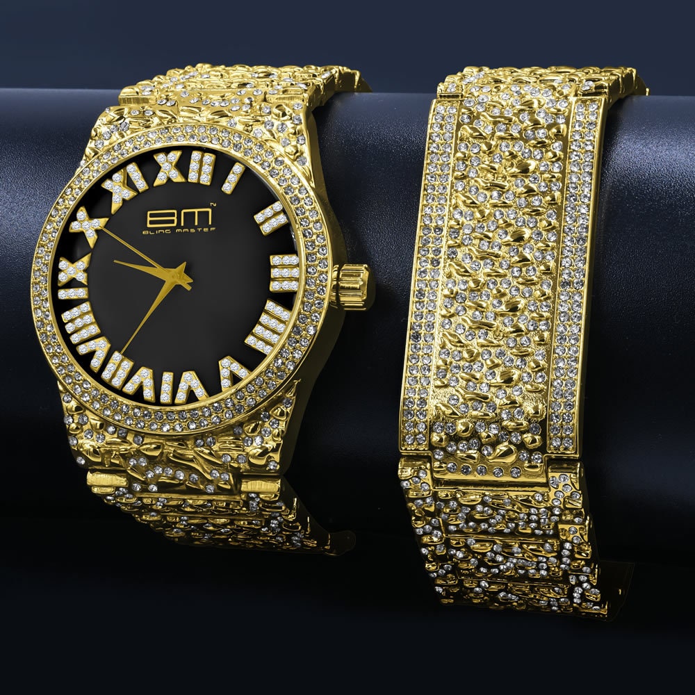 Black Onyx Dial Men Custom Nugget Watch Bracelet Set Simulated Diamond Analog 43mm
