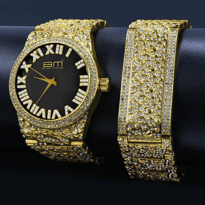 Black Onyx Dial Men Custom Nugget Watch Bracelet Set Simulated Diamond Analog 43mm