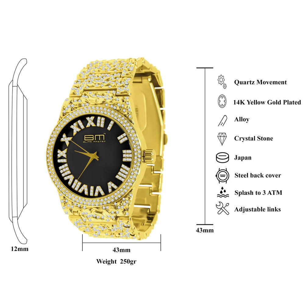 Black Onyx Dial Men Custom Nugget Watch Bracelet Set Simulated Diamond Analog 43mm