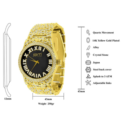 Black Onyx Dial Men Custom Nugget Watch Bracelet Set Simulated Diamond Analog 43mm