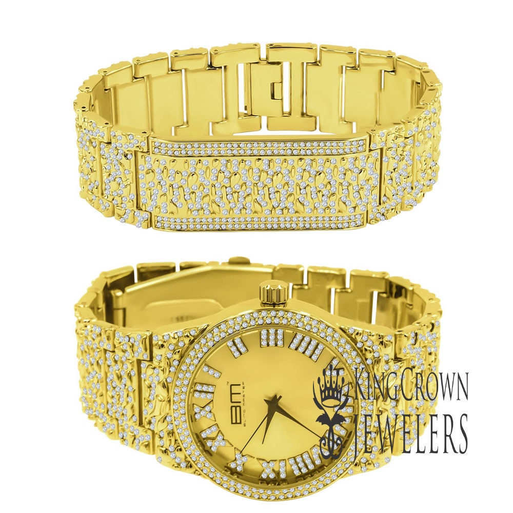 Gold Dial Men Custom Nugget Watch Bracelet Set Simulated Diamond Analog 43mm