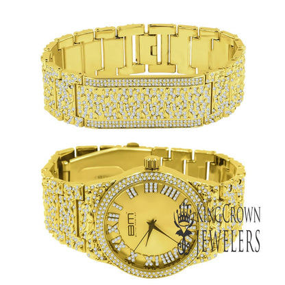 Gold Dial Men Custom Nugget Watch Bracelet Set Simulated Diamond Analog 43mm
