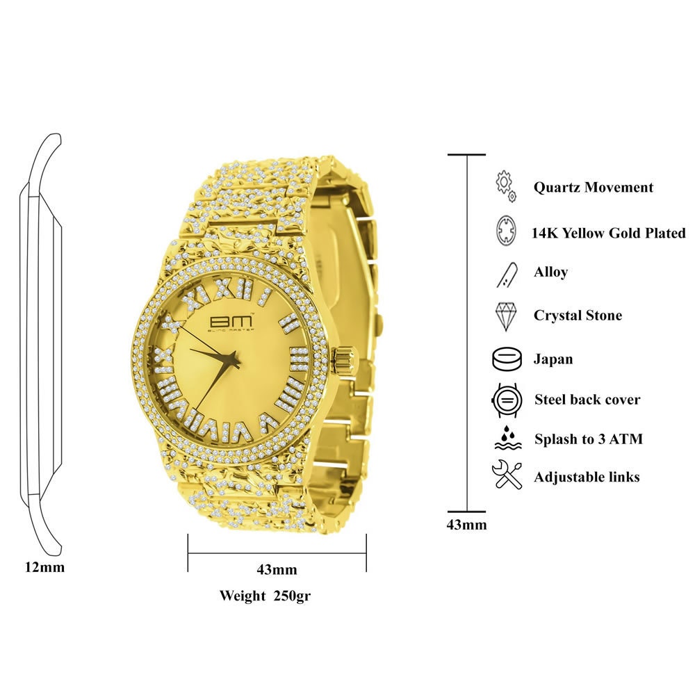 Gold Dial Men Custom Nugget Watch Bracelet Set Simulated Diamond Analog 43mm