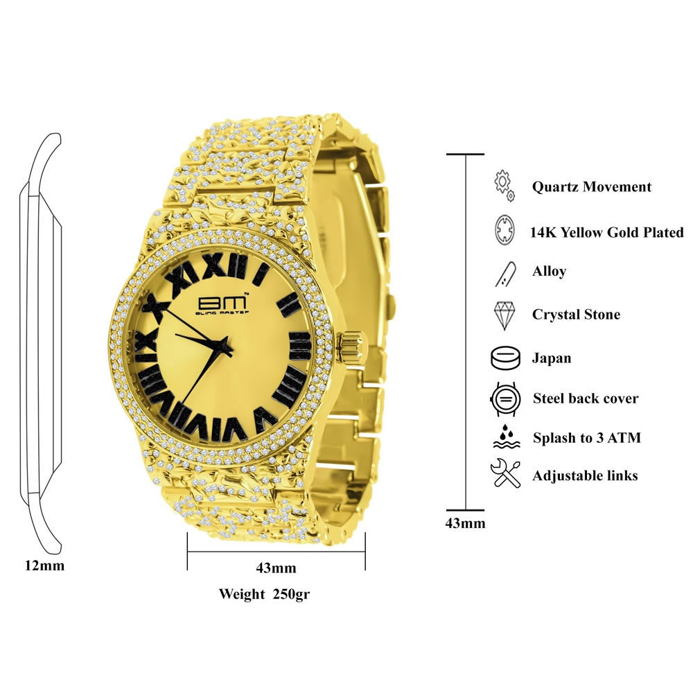 2 Tone Dial Men Custom Nugget Style Watch Bracelet Set Simulated Diamond Analog 43mm