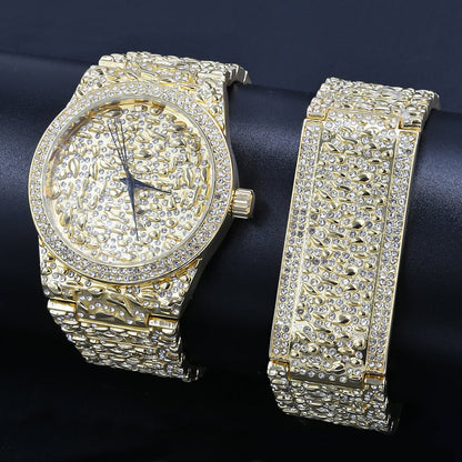Full Iced Out Dial Men Custom Nugget Watch Bracelet Set Simulated Diamond Analog 43mm