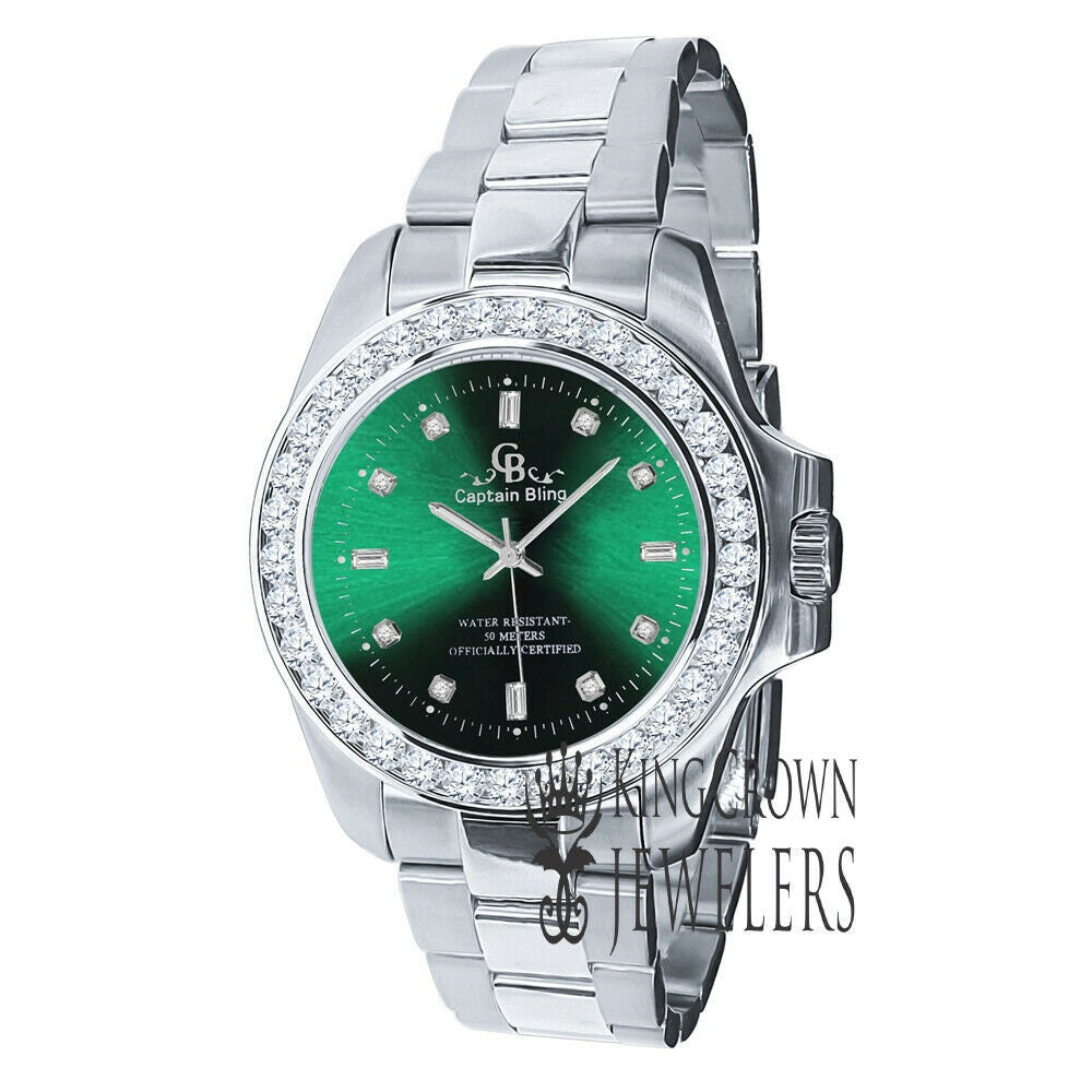Mens Solid Stainless Steel Green Dial Simulated Diamonds 18K White Gold Tone Presidential Watch 44mm