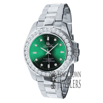 Mens Solid Stainless Steel Green Dial Simulated Diamonds 18K White Gold Tone Presidential Watch 44mm