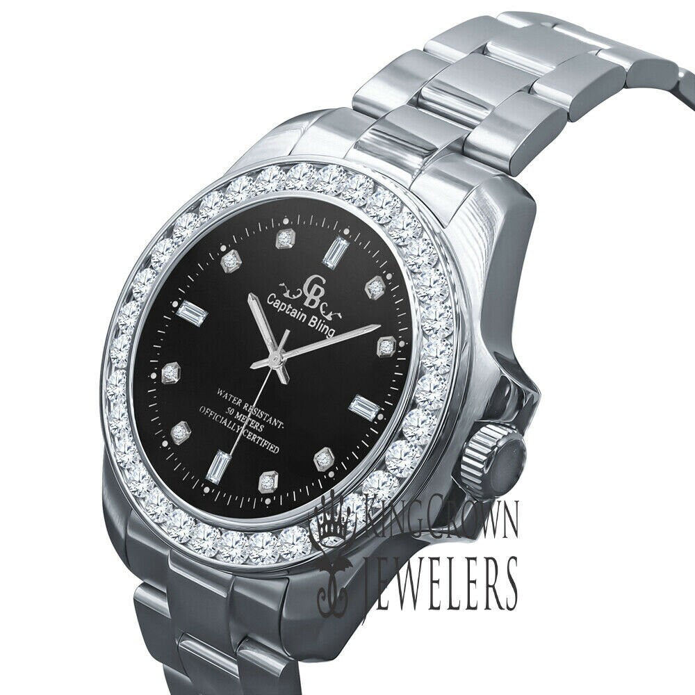 Solid Solid Steel Black Dial Simulated Diamonds 18K White Gold Finish Mens Watch 42mm