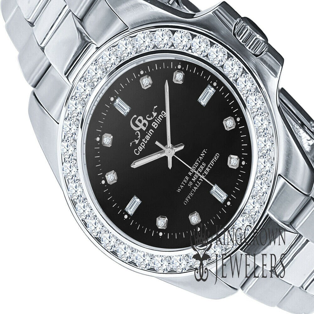 Solid Solid Steel Black Dial Simulated Diamonds 18K White Gold Finish Mens Watch 42mm