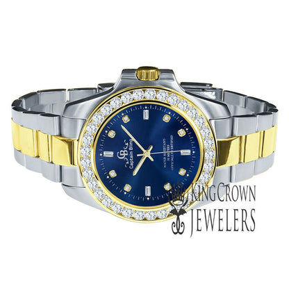 2 Tone Mens Solid Stainless Steel Blue Dial Simulated Diamonds 18K Gold Finish Watch 42mm