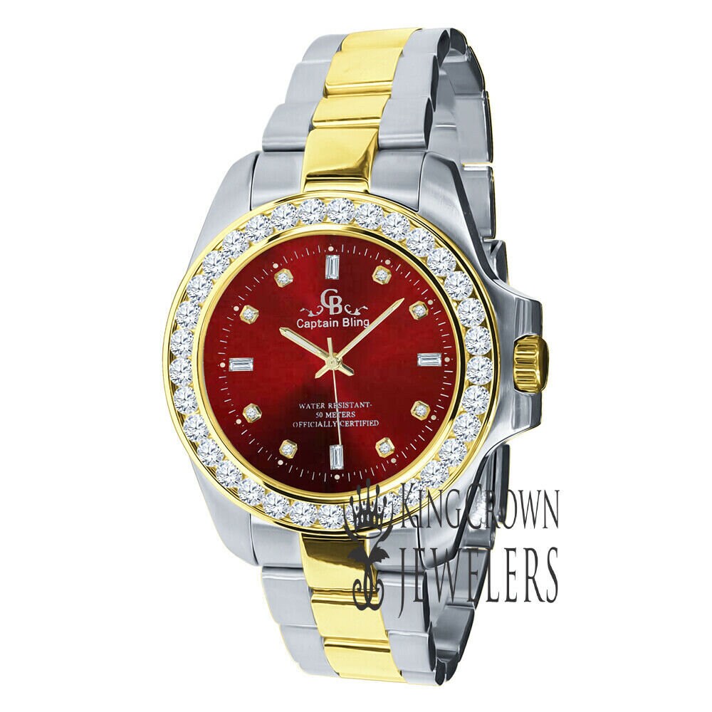 Mens Solid Stainless Steel 2 Tone Ruby Red Dial Simulated Diamonds 18K Gold Tone Presidential Watch 42mm