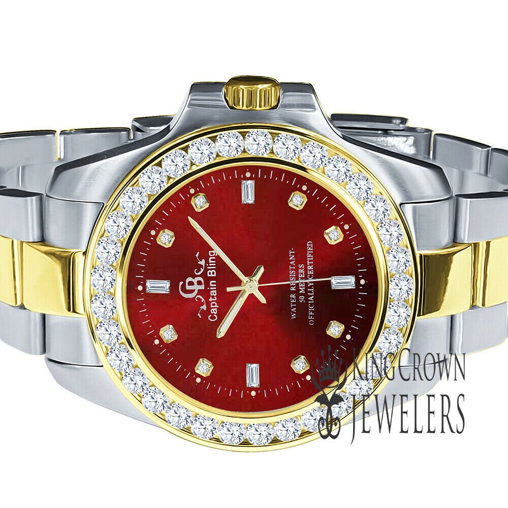 Mens Solid Stainless Steel 2 Tone Ruby Red Dial Simulated Diamonds 18K Gold Tone Presidential Watch 42mm