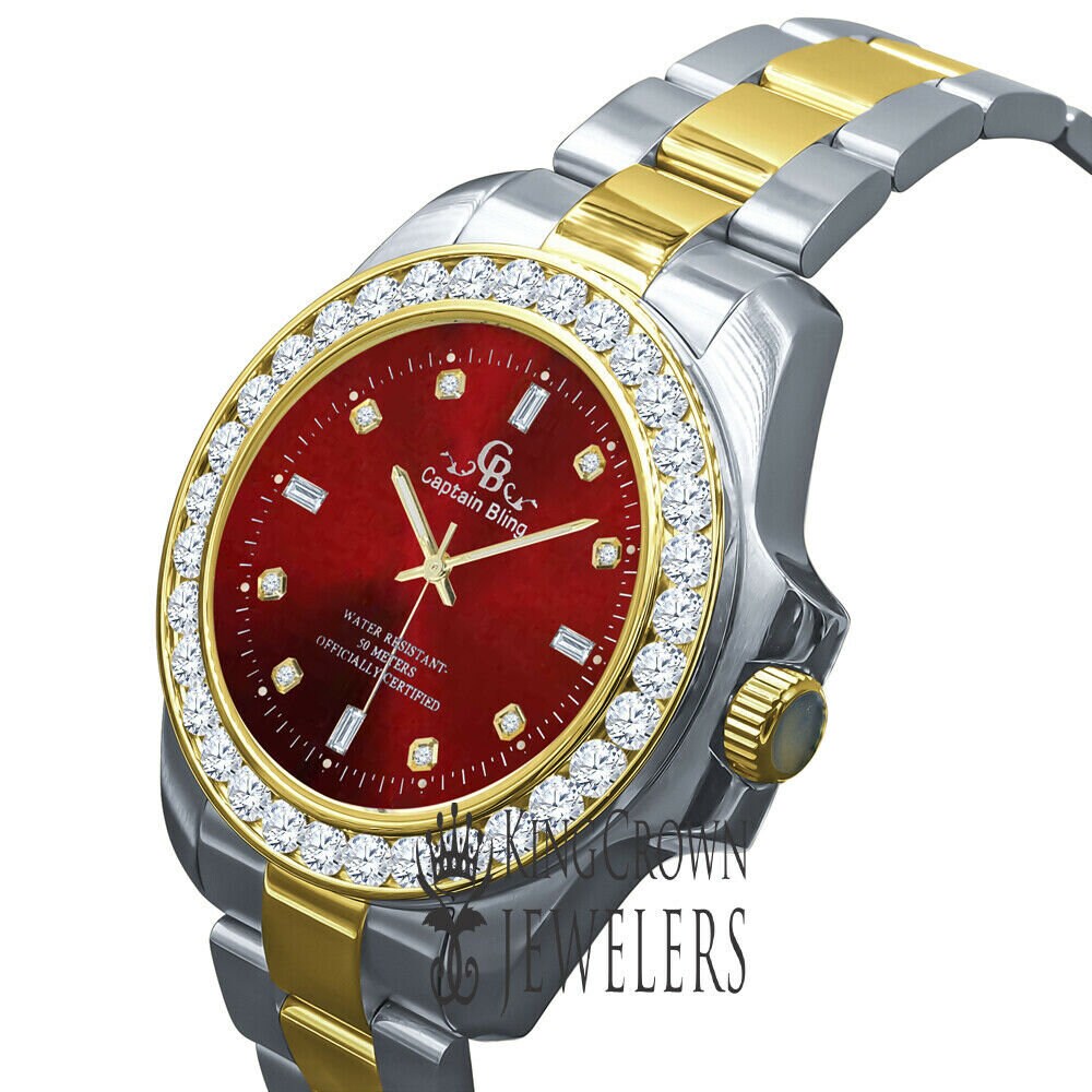 Mens Solid Stainless Steel 2 Tone Ruby Red Dial Simulated Diamonds 18K Gold Tone Presidential Watch 42mm
