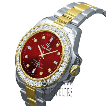 Mens Solid Stainless Steel 2 Tone Ruby Red Dial Simulated Diamonds 18K Gold Tone Presidential Watch 42mm