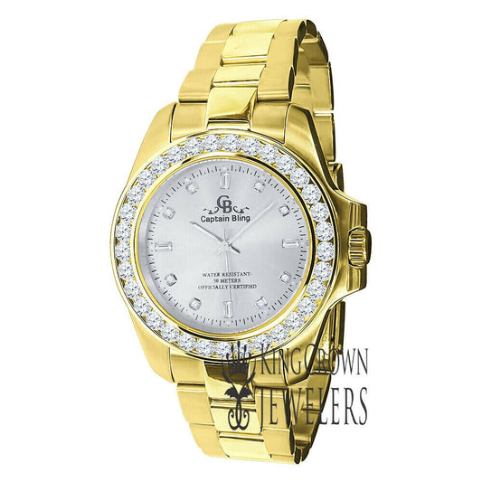 Stainless Steel Simulated Diamonds 18K Gold Finish Mens Presidential Watch 42mm